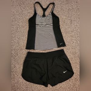 EUC Womens medium nike swimsuit tank swim short sport set black white stripe